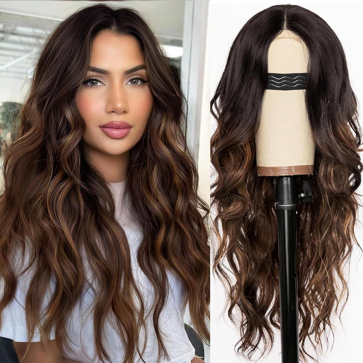 26 Inch Black Wig for Women, Long Wavy Lace Hairline Middle Part Synthetic Heat Resistant Wig for Daily Party