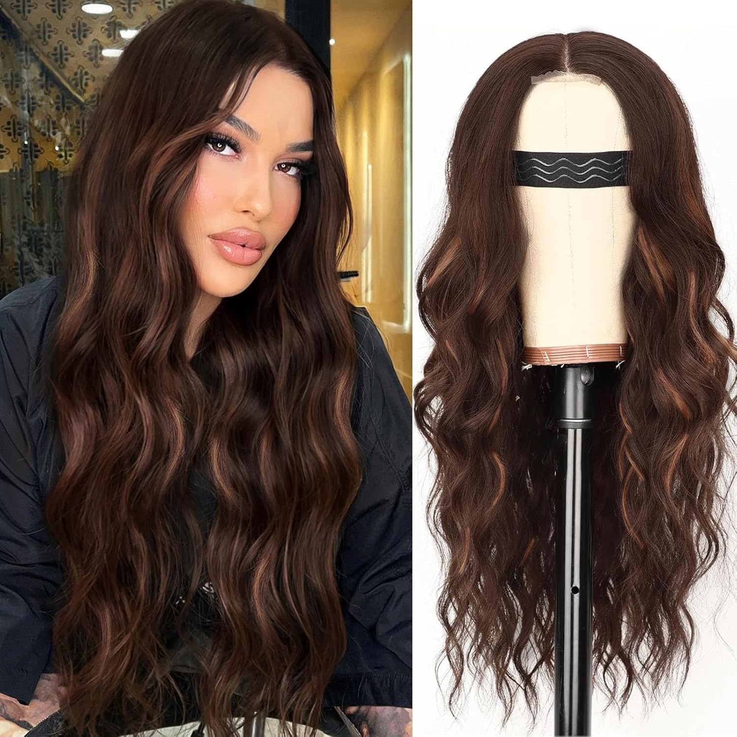 26 Inch Black Wig for Women, Long Wavy Lace Hairline Middle Part Synthetic Heat Resistant Wig for Daily Party