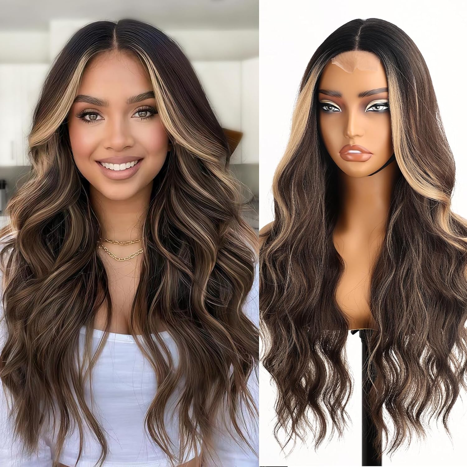 26 Inch Black Wig for Women, Long Wavy Lace Hairline Middle Part Synthetic Heat Resistant Wig for Daily Party
