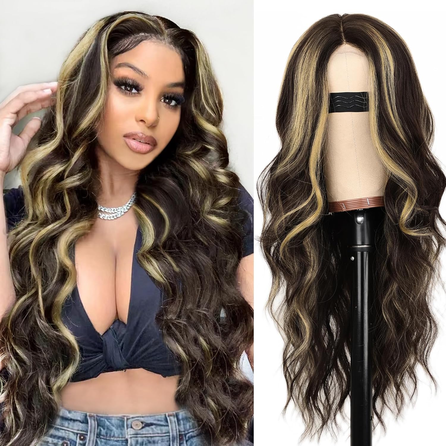 26 Inch Black Wig for Women, Long Wavy Lace Hairline Middle Part Synthetic Heat Resistant Wig for Daily Party