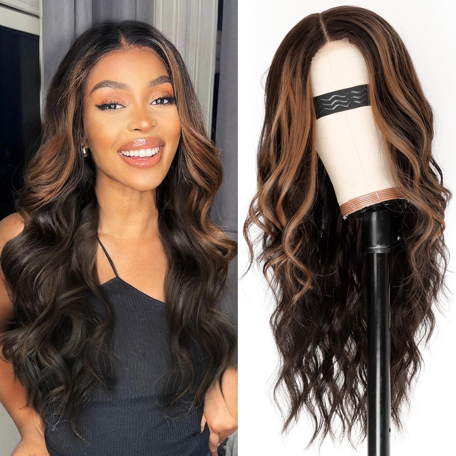 26 Inch Black Wig for Women, Long Wavy Lace Hairline Middle Part Synthetic Heat Resistant Wig for Daily Party