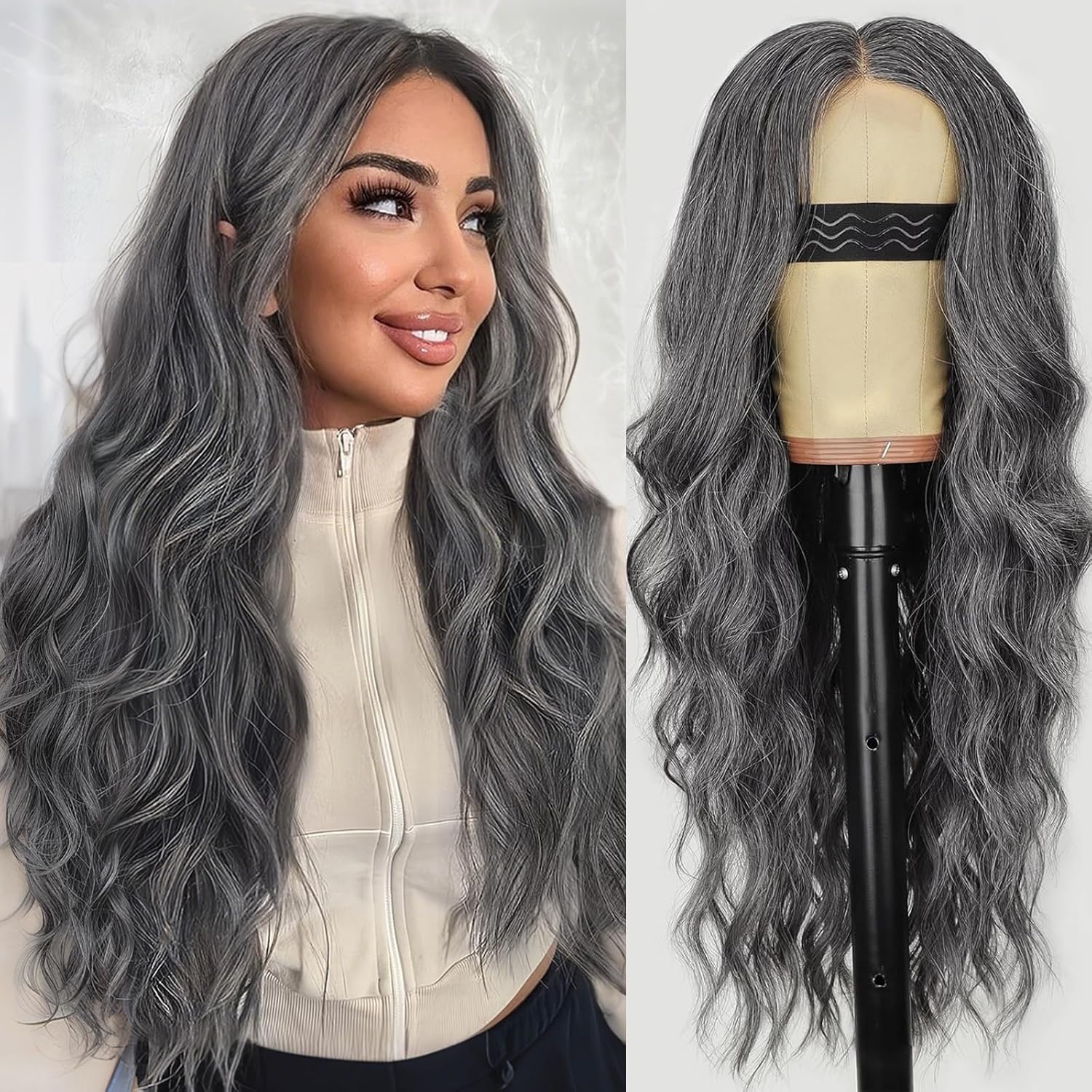 26 Inch Black Wig for Women, Long Wavy Lace Hairline Middle Part Synthetic Heat Resistant Wig for Daily Party