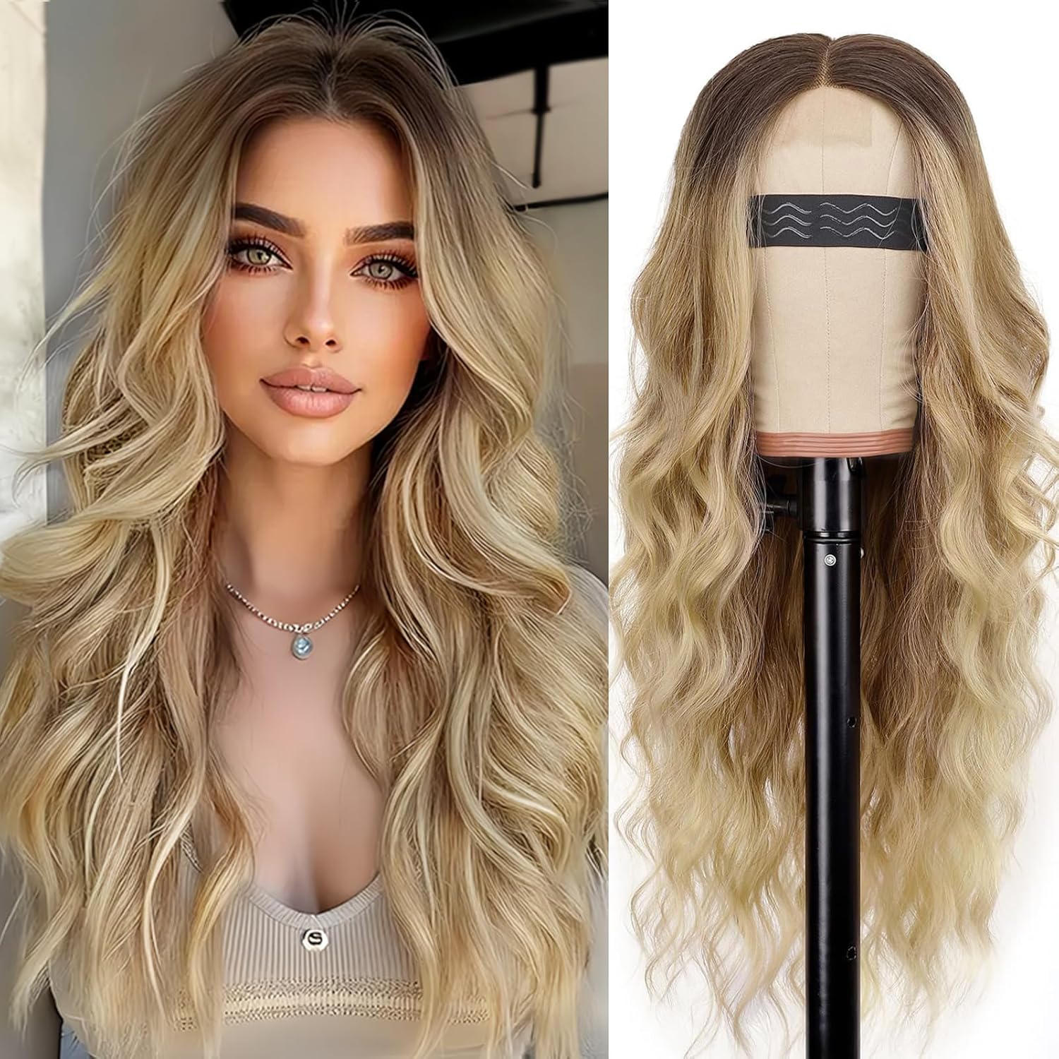 26 Inch Black Wig for Women, Long Wavy Lace Hairline Middle Part Synthetic Heat Resistant Wig for Daily Party