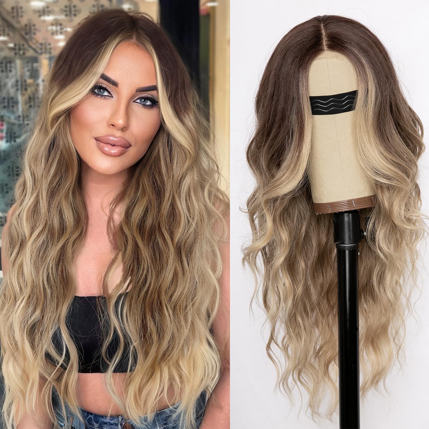 26 Inch Black Wig for Women, Long Wavy Lace Hairline Middle Part Synthetic Heat Resistant Wig for Daily Party