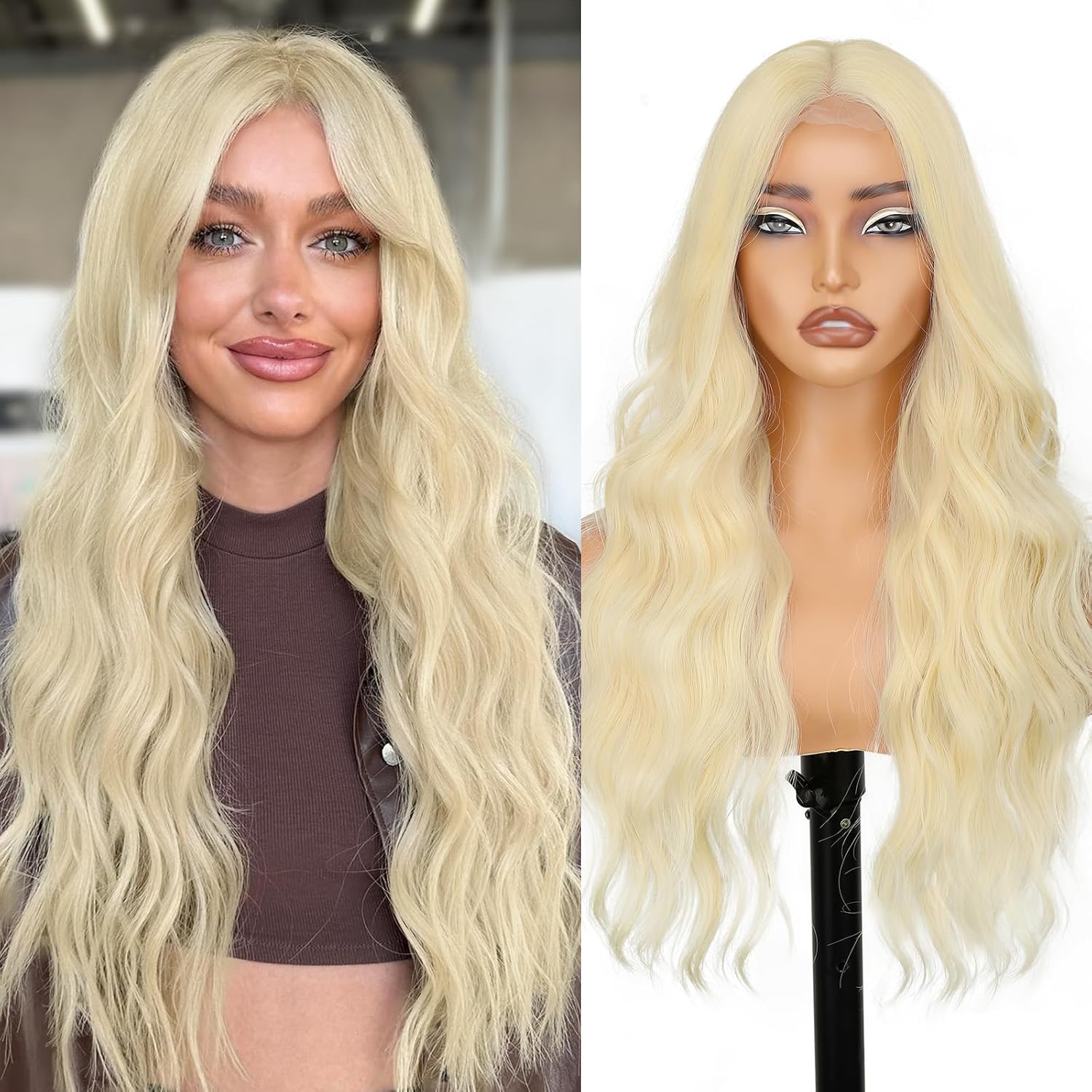 26 Inch Black Wig for Women, Long Wavy Lace Hairline Middle Part Synthetic Heat Resistant Wig for Daily Party