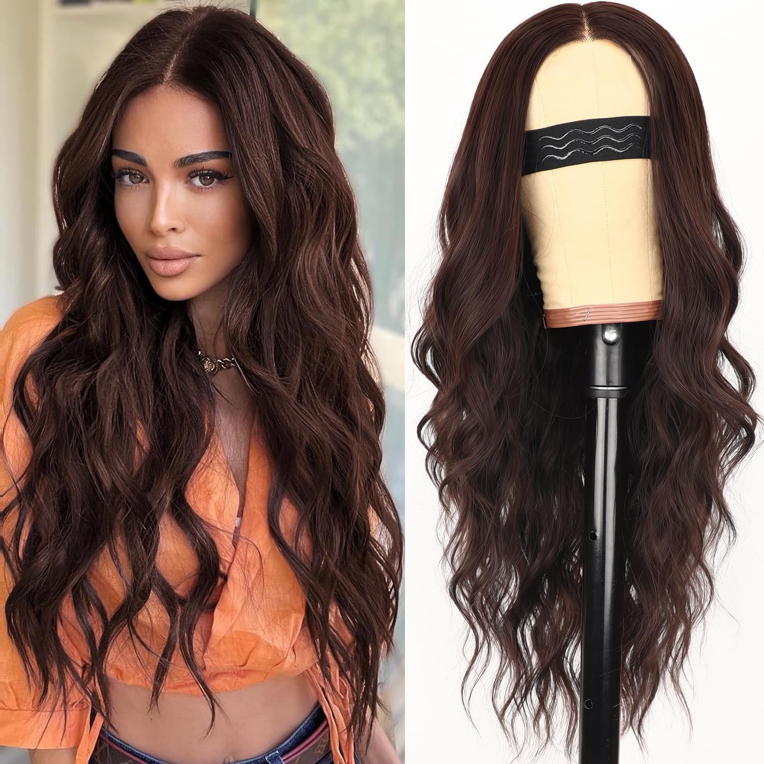 26 Inch Black Wig for Women, Long Wavy Lace Hairline Middle Part Synthetic Heat Resistant Wig for Daily Party