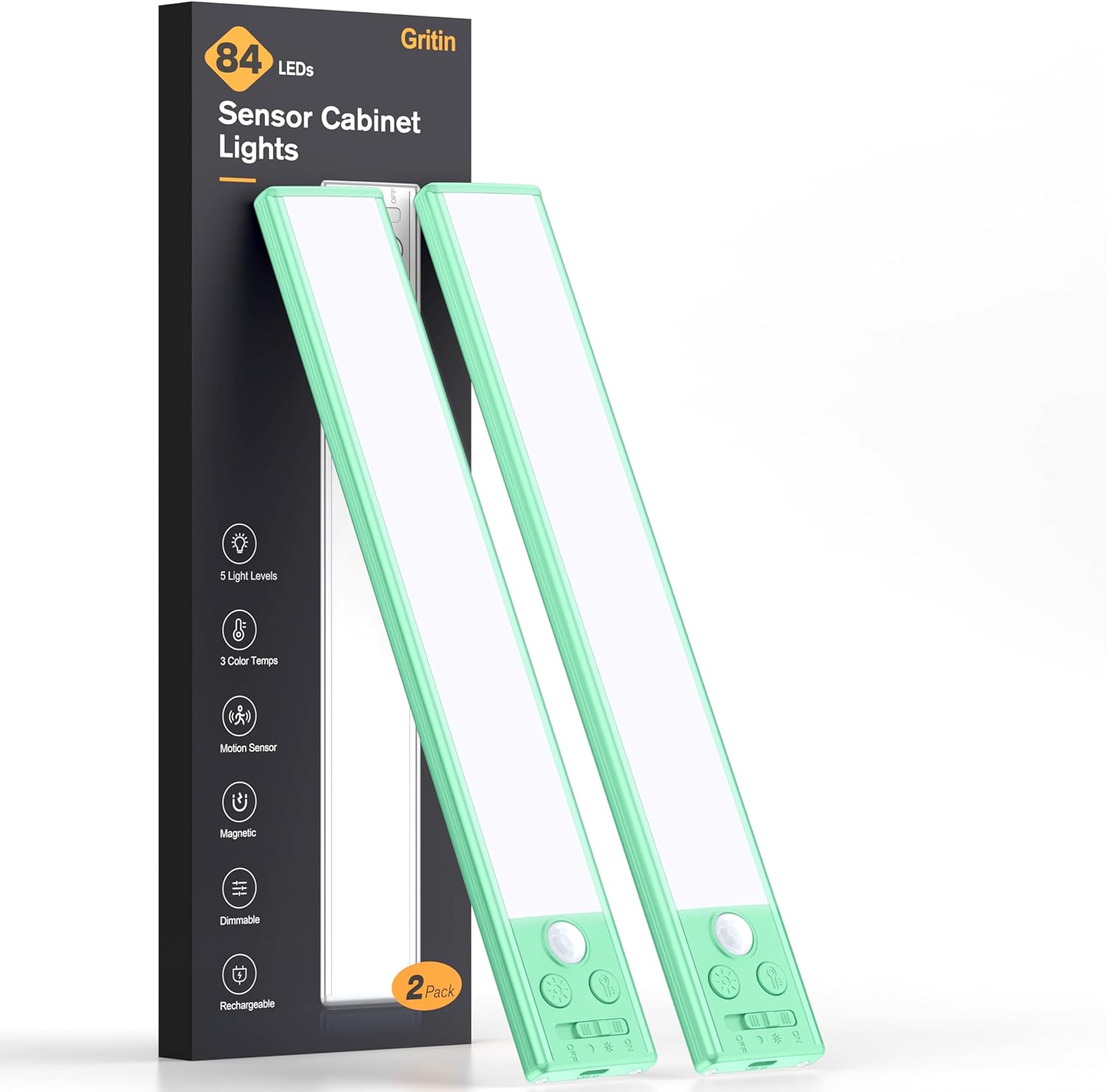 2P Rechargeable Under Cabinet Lights w/Motion Sensor, 84LED, 3 Colors & 5 Brightness, 1800mAh, Magnetic Mount