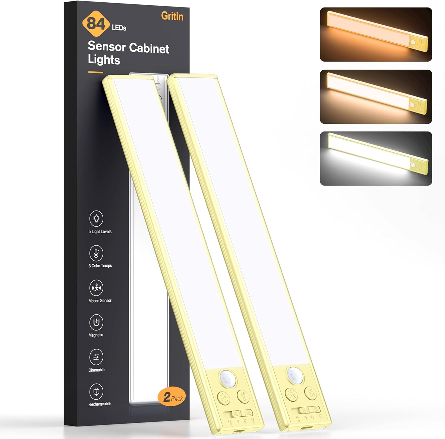 2P Rechargeable Under Cabinet Lights w/Motion Sensor, 84LED, 3 Colors & 5 Brightness, 1800mAh, Magnetic Mount