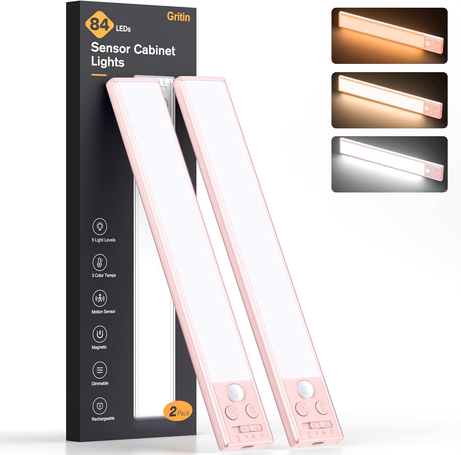 2P Rechargeable Under Cabinet Lights w/Motion Sensor, 84LED, 3 Colors & 5 Brightness, 1800mAh, Magnetic Mount