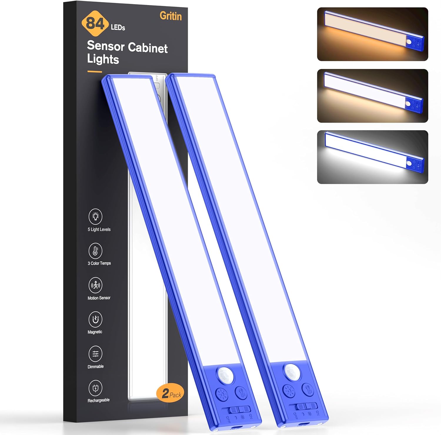 2P Rechargeable Under Cabinet Lights w/Motion Sensor, 84LED, 3 Colors & 5 Brightness, 1800mAh, Magnetic Mount