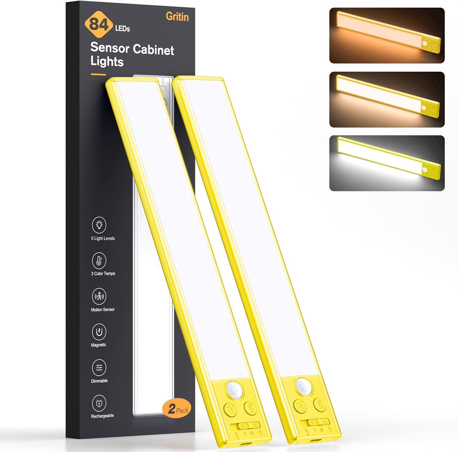 2P Rechargeable Under Cabinet Lights w/Motion Sensor, 84LED, 3 Colors & 5 Brightness, 1800mAh, Magnetic Mount