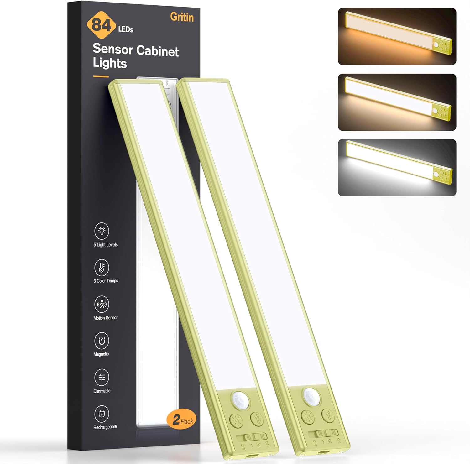 2P Rechargeable Under Cabinet Lights w/Motion Sensor, 84LED, 3 Colors & 5 Brightness, 1800mAh, Magnetic Mount