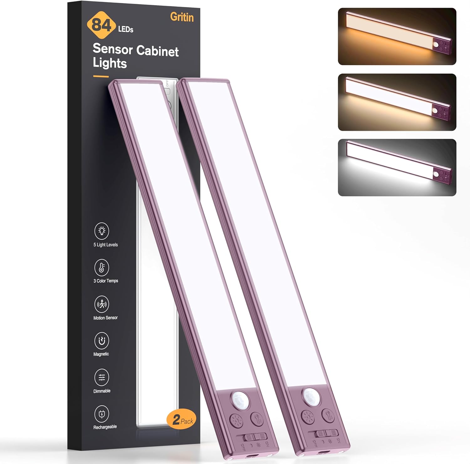 2P Rechargeable Under Cabinet Lights w/Motion Sensor, 84LED, 3 Colors & 5 Brightness, 1800mAh, Magnetic Mount
