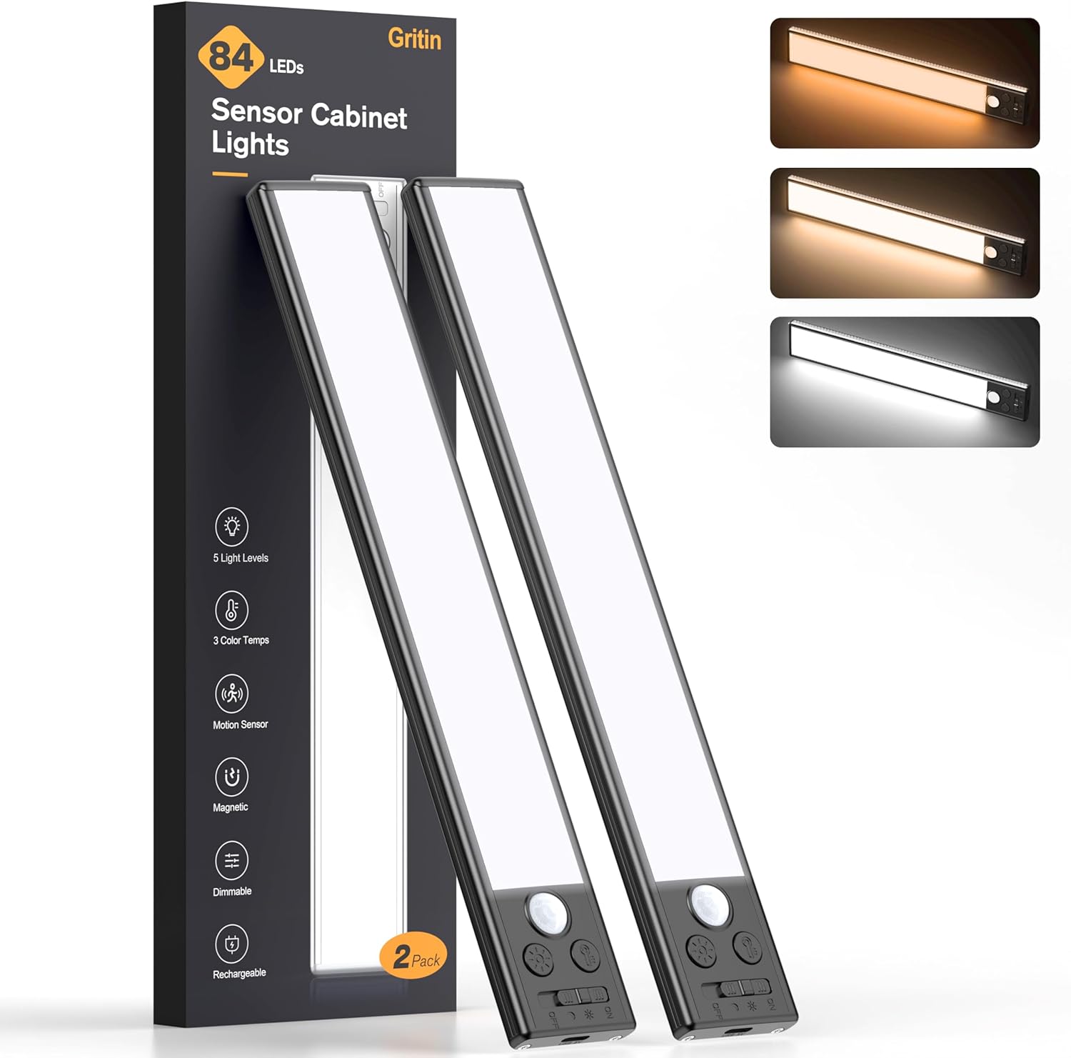 2P Rechargeable Under Cabinet Lights w/Motion Sensor, 84LED, 3 Colors & 5 Brightness, 1800mAh, Magnetic Mount