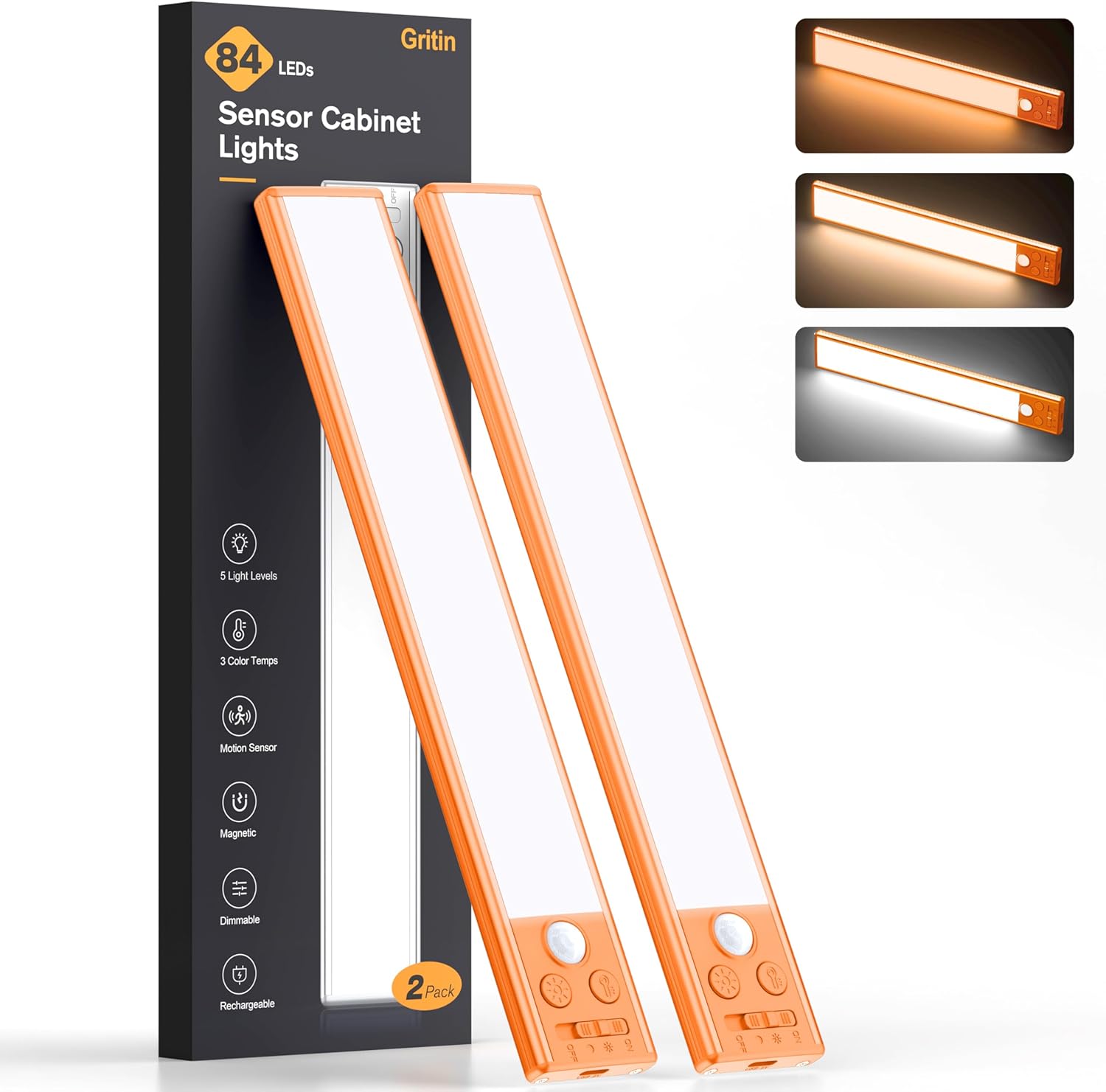 2P Rechargeable Under Cabinet Lights w/Motion Sensor, 84LED, 3 Colors & 5 Brightness, 1800mAh, Magnetic Mount