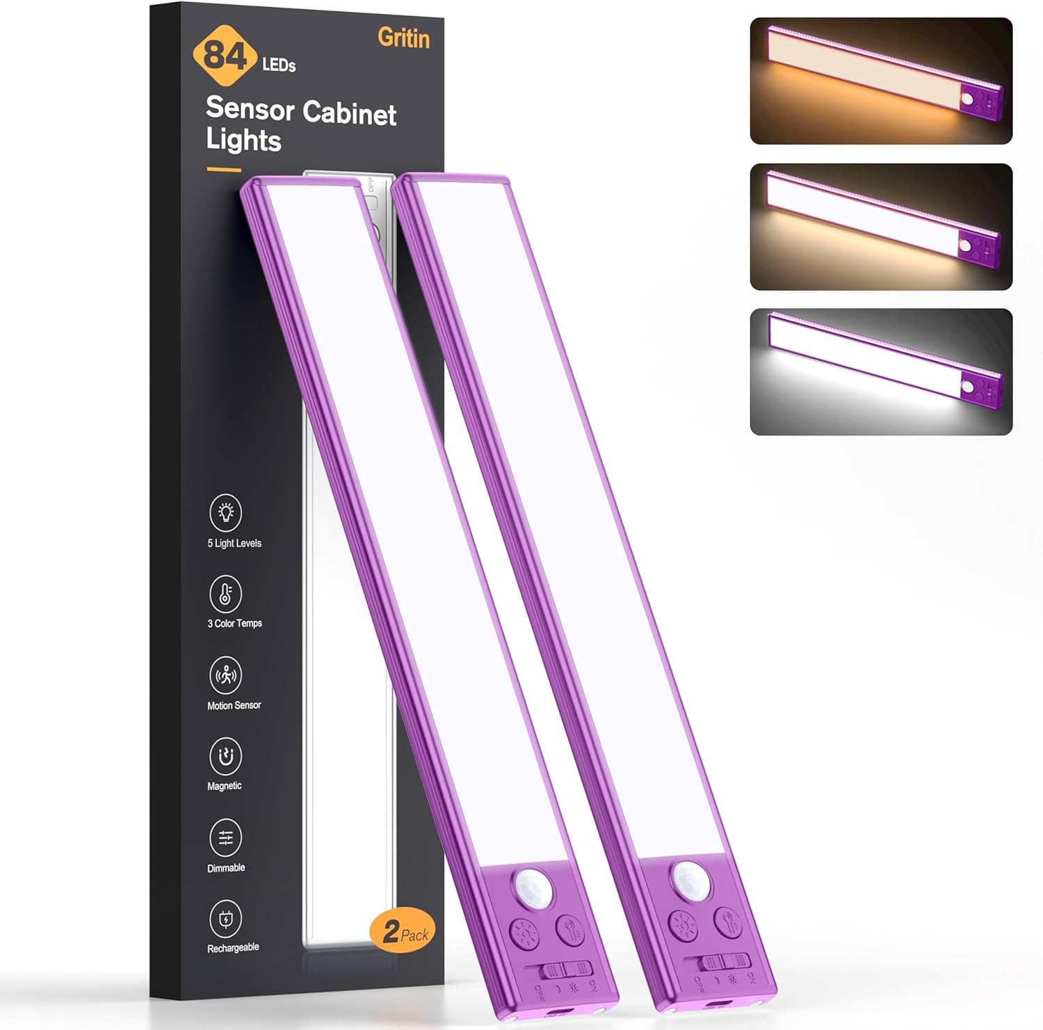 2P Rechargeable Under Cabinet Lights w/Motion Sensor, 84LED, 3 Colors & 5 Brightness, 1800mAh, Magnetic Mount
