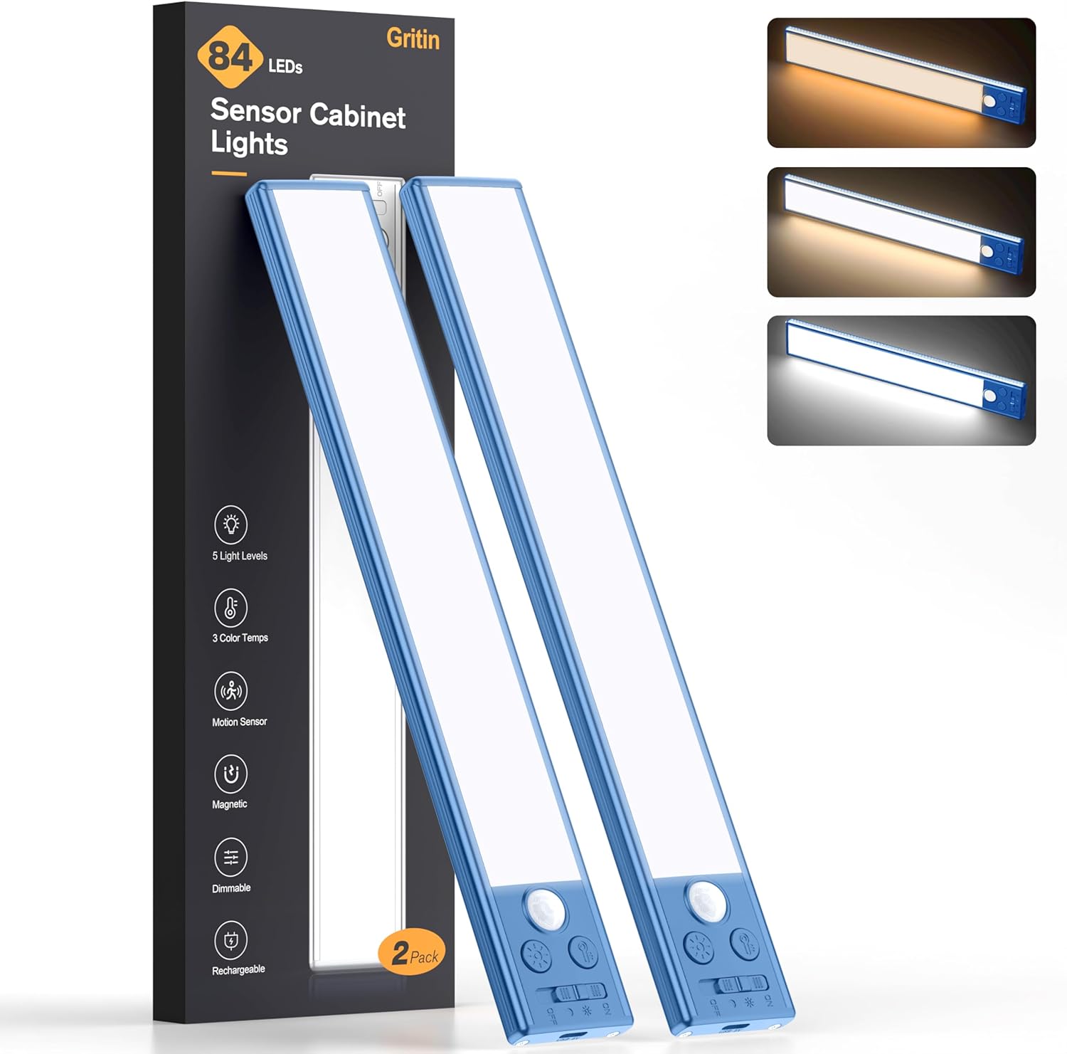 2P Rechargeable Under Cabinet Lights w/Motion Sensor, 84LED, 3 Colors & 5 Brightness, 1800mAh, Magnetic Mount