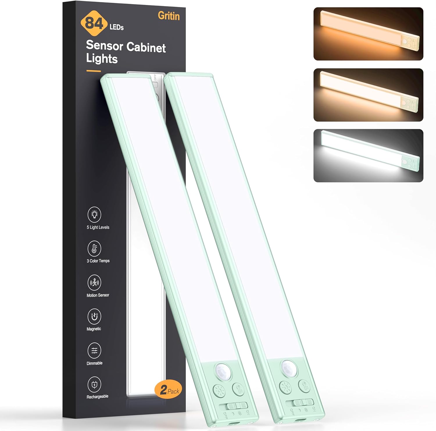 2P Rechargeable Under Cabinet Lights w/Motion Sensor, 84LED, 3 Colors & 5 Brightness, 1800mAh, Magnetic Mount
