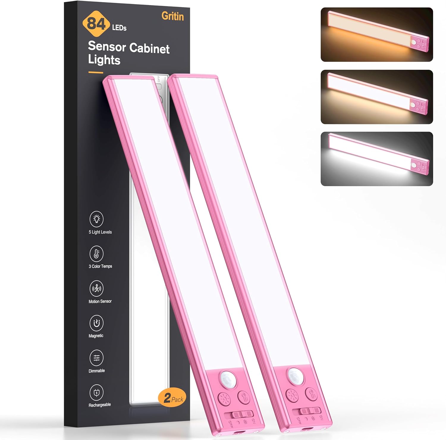 2P Rechargeable Under Cabinet Lights w/Motion Sensor, 84LED, 3 Colors & 5 Brightness, 1800mAh, Magnetic Mount