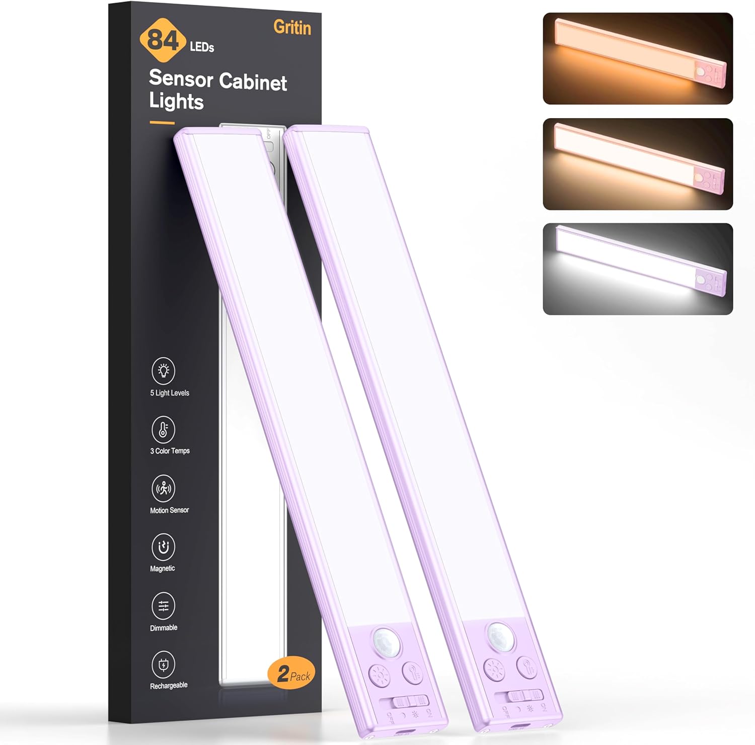 2P Rechargeable Under Cabinet Lights w/Motion Sensor, 84LED, 3 Colors & 5 Brightness, 1800mAh, Magnetic Mount