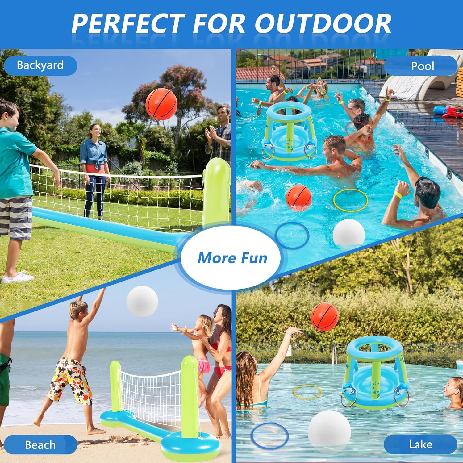 3-in-1 Pool Games Set: Volleyball Net, Basketball Hoop, Ring Toss, Inflatable Floats, Party Accessory for Kids & Adults