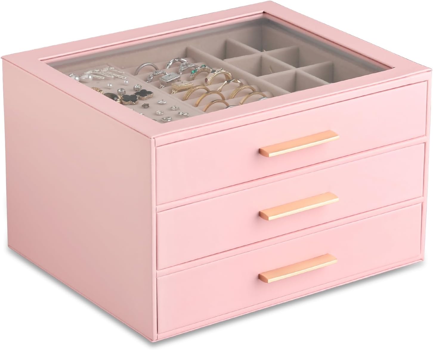 3-layer Jewelry Box Clear Lid Jewelry Organizer with Drawer PU Leather for Women for Rings Earrings Stud