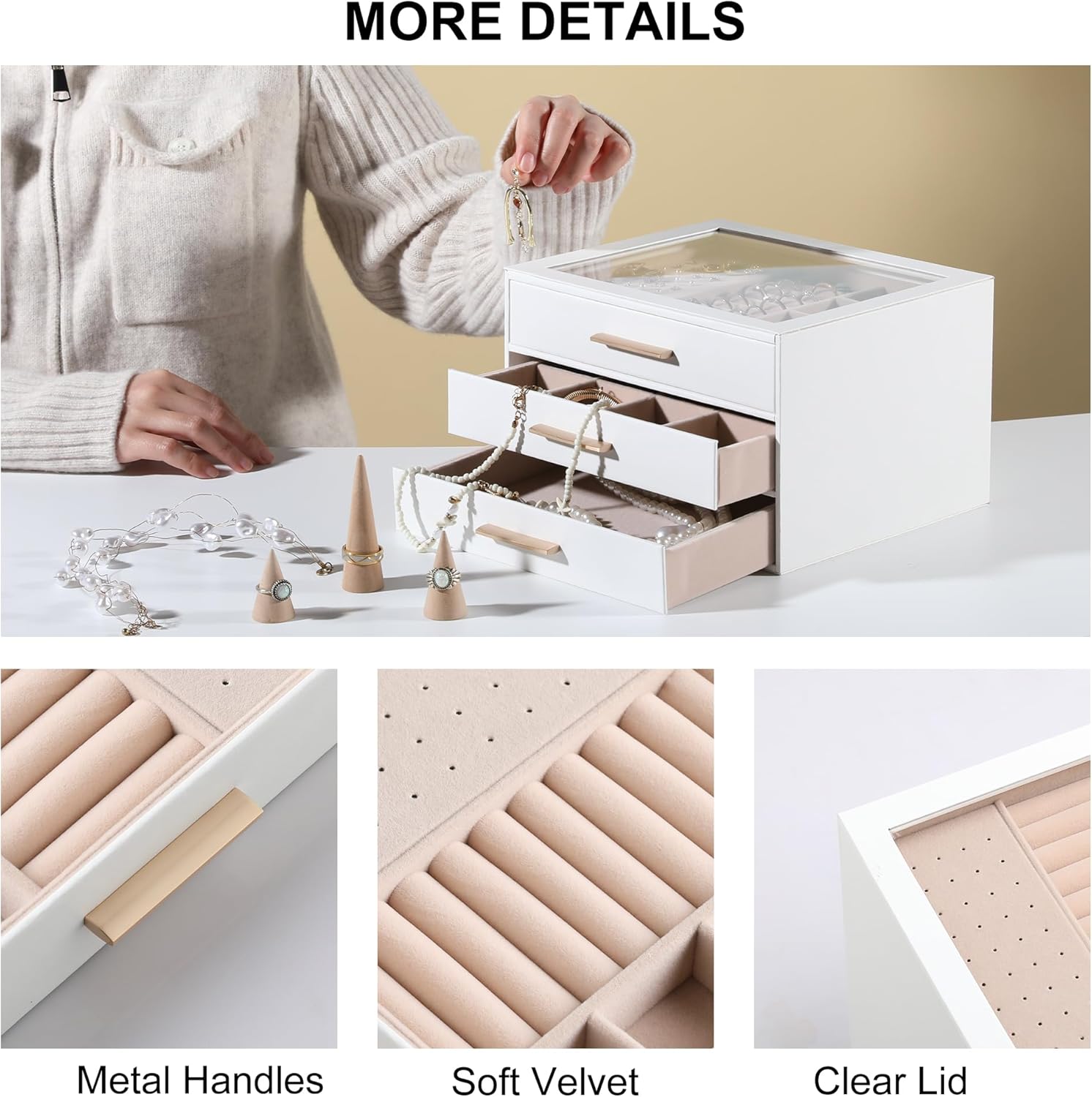 3-layer Jewelry Box Clear Lid Jewelry Organizer with Drawer PU Leather for Women for Rings Earrings Stud