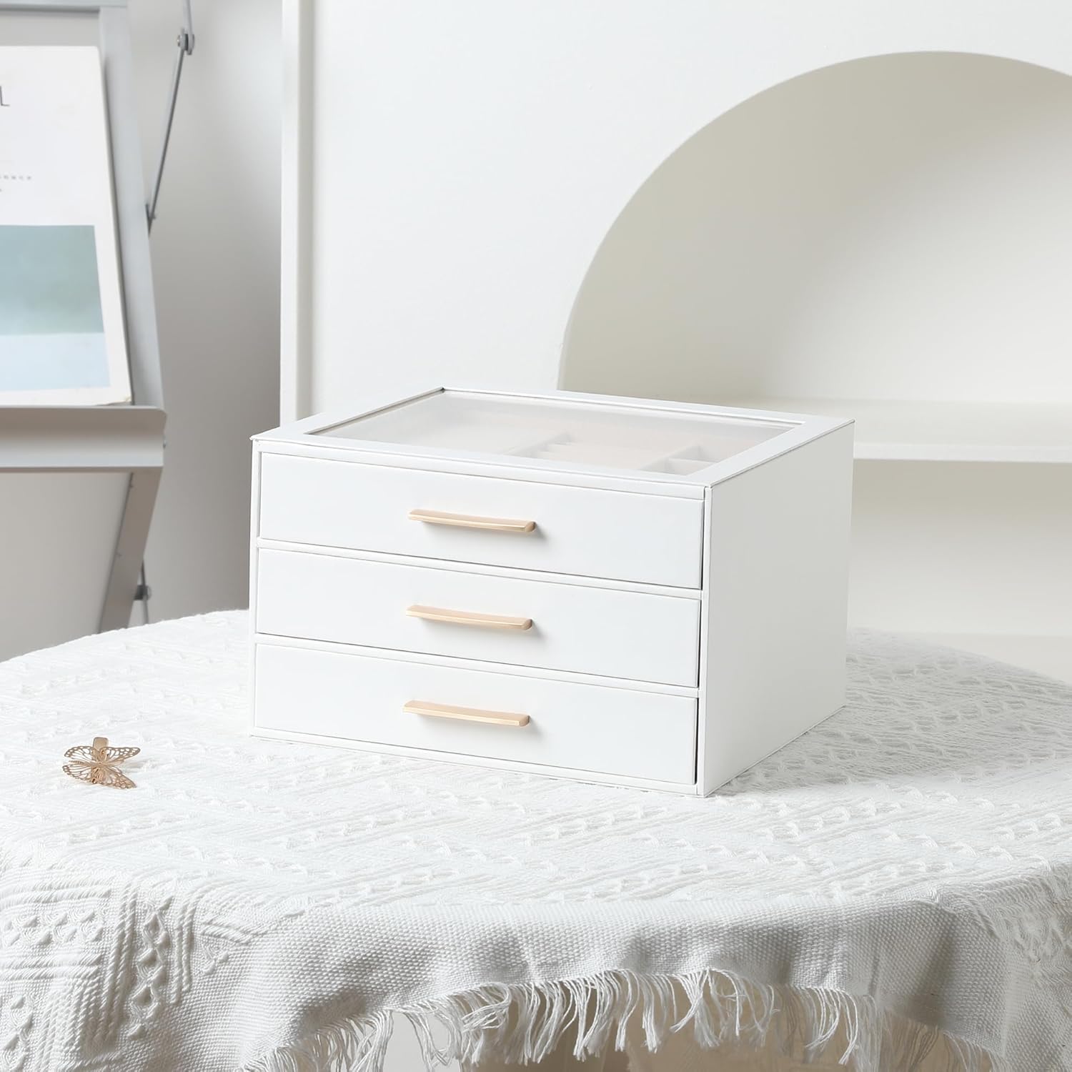 3-layer Jewelry Box Clear Lid Jewelry Organizer with Drawer PU Leather for Women for Rings Earrings Stud