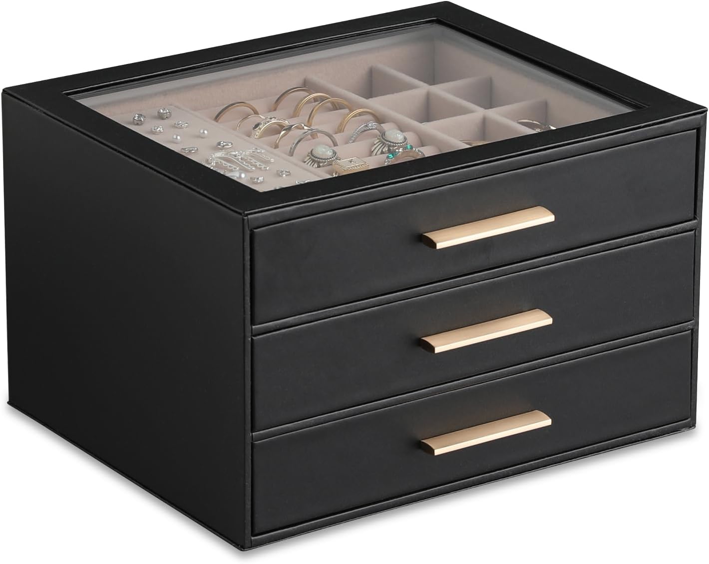 3-layer Jewelry Box Clear Lid Jewelry Organizer with Drawer PU Leather for Women for Rings Earrings Stud