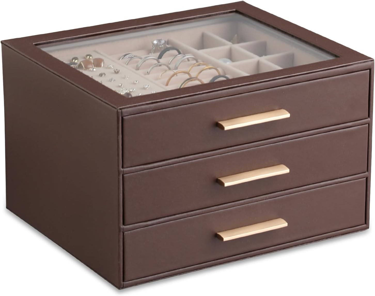 3-layer Jewelry Box Clear Lid Jewelry Organizer with Drawer PU Leather for Women for Rings Earrings Stud