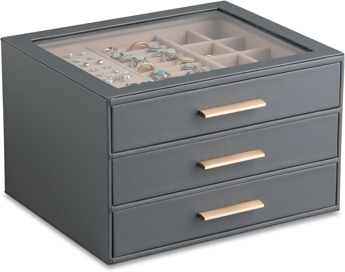 3-layer Jewelry Box Clear Lid Jewelry Organizer with Drawer PU Leather for Women for Rings Earrings Stud