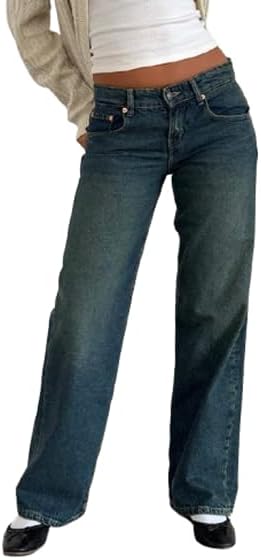 EMMIOL Jeans de mezclilla para mujer, pantalones vaqueros de pierna ancha, pantalones vaqueros holgados de cintura baja para mujer, pantalones vaqueros holgados tipo boyfriend, pantalones vaqueros Y2K 90S 