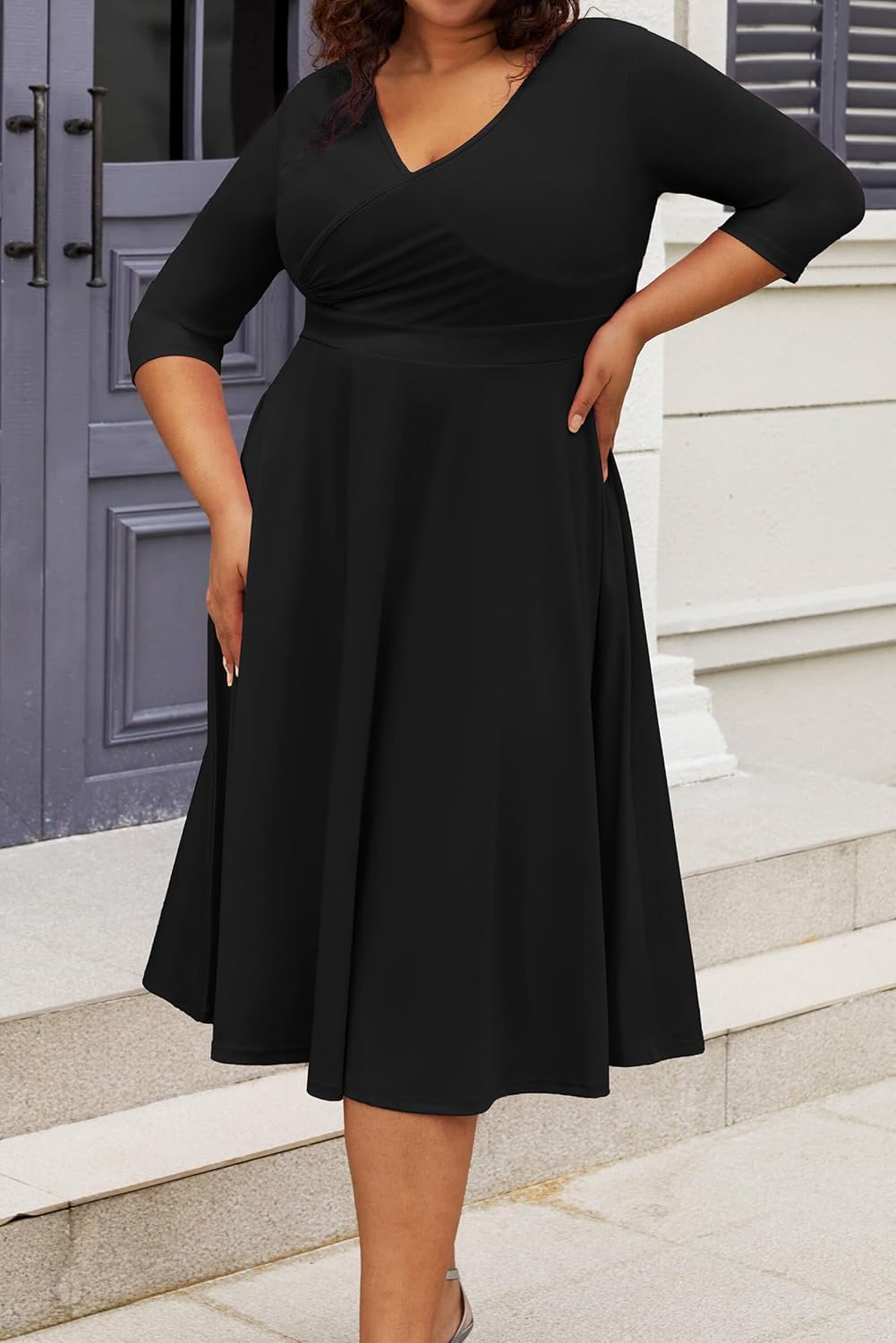 Vestido midi de talla grande para mujer de CLOCOR, vestido de corte A con mangas 3/4 y escote en V, vestidos casuales fluidos 