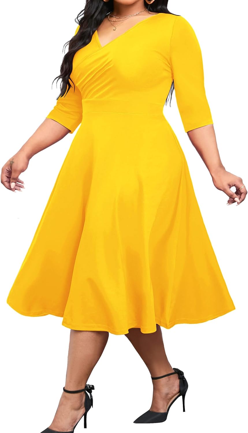 Vestido midi de talla grande para mujer de CLOCOR, vestido de corte A con mangas 3/4 y escote en V, vestidos casuales fluidos 