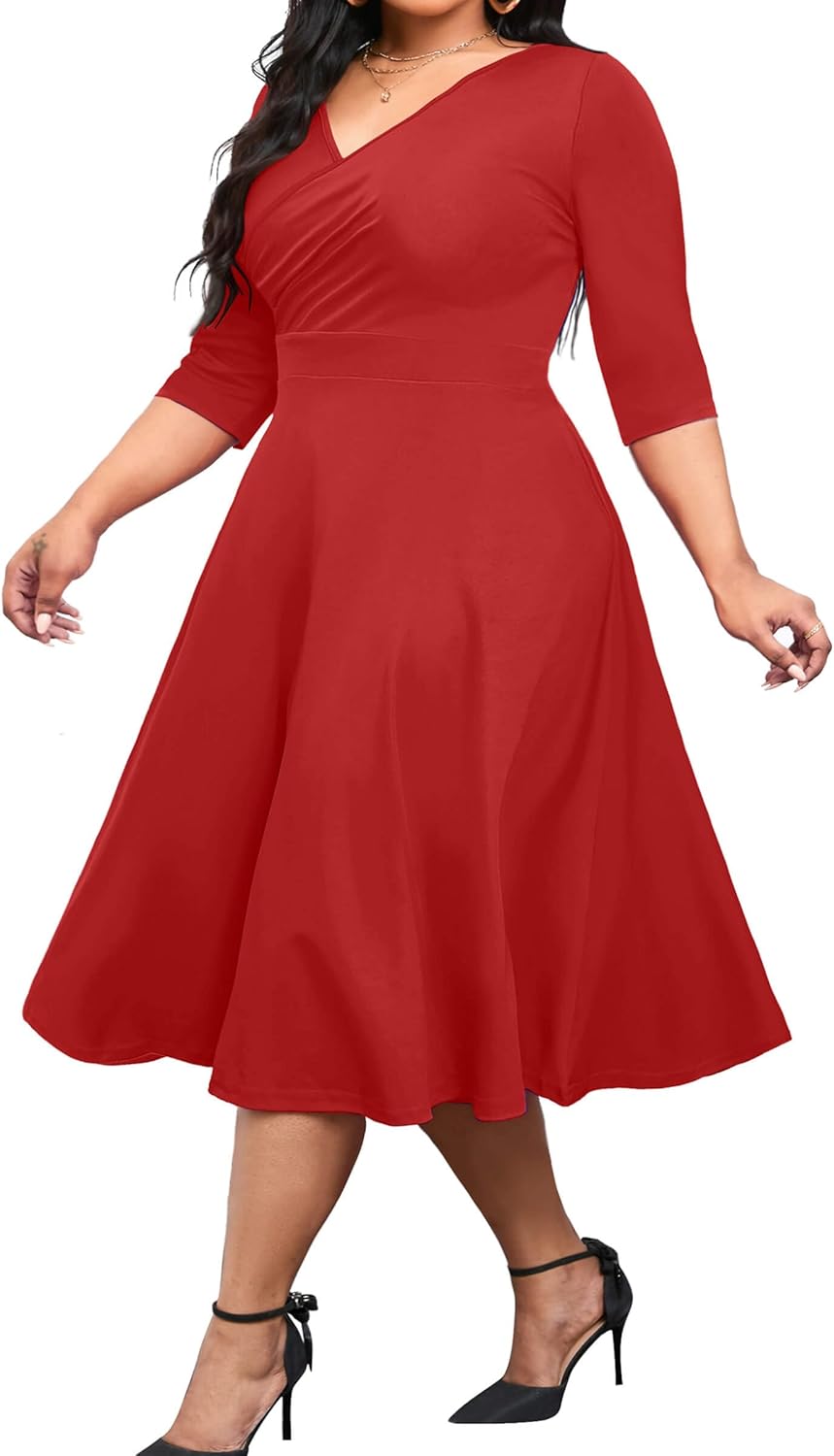 Vestido midi de talla grande para mujer de CLOCOR, vestido de corte A con mangas 3/4 y escote en V, vestidos casuales fluidos 