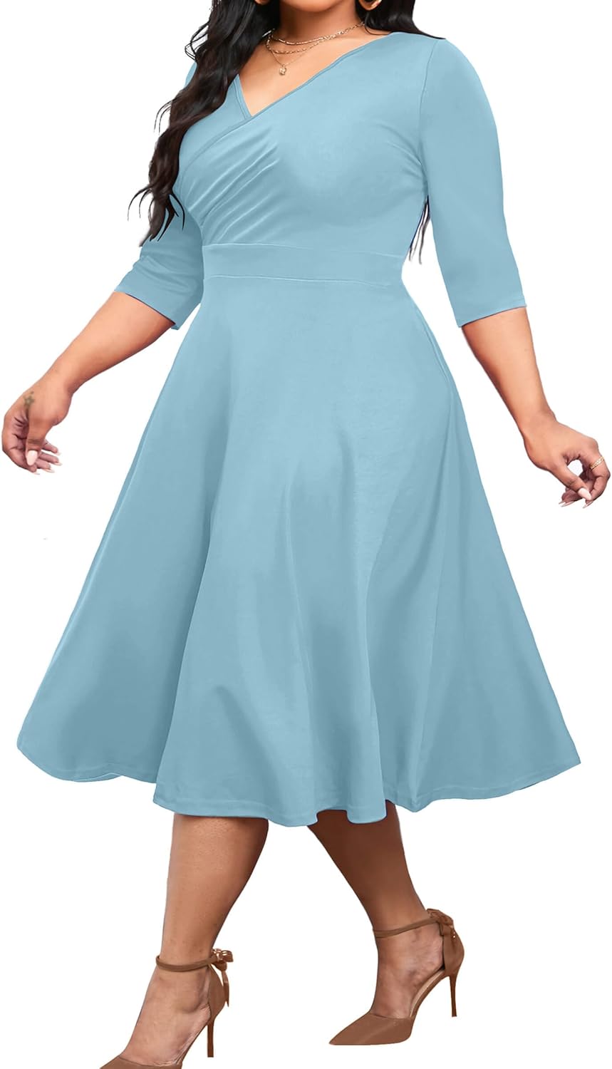 Vestido midi de talla grande para mujer de CLOCOR, vestido de corte A con mangas 3/4 y escote en V, vestidos casuales fluidos 