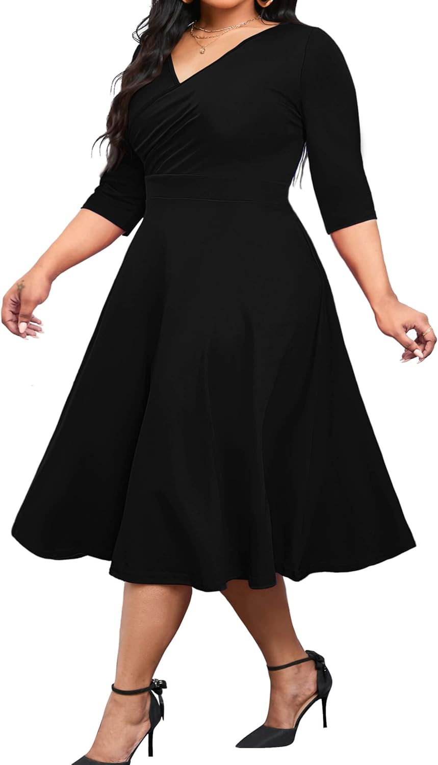 Vestido midi de talla grande para mujer de CLOCOR, vestido de corte A con mangas 3/4 y escote en V, vestidos casuales fluidos 