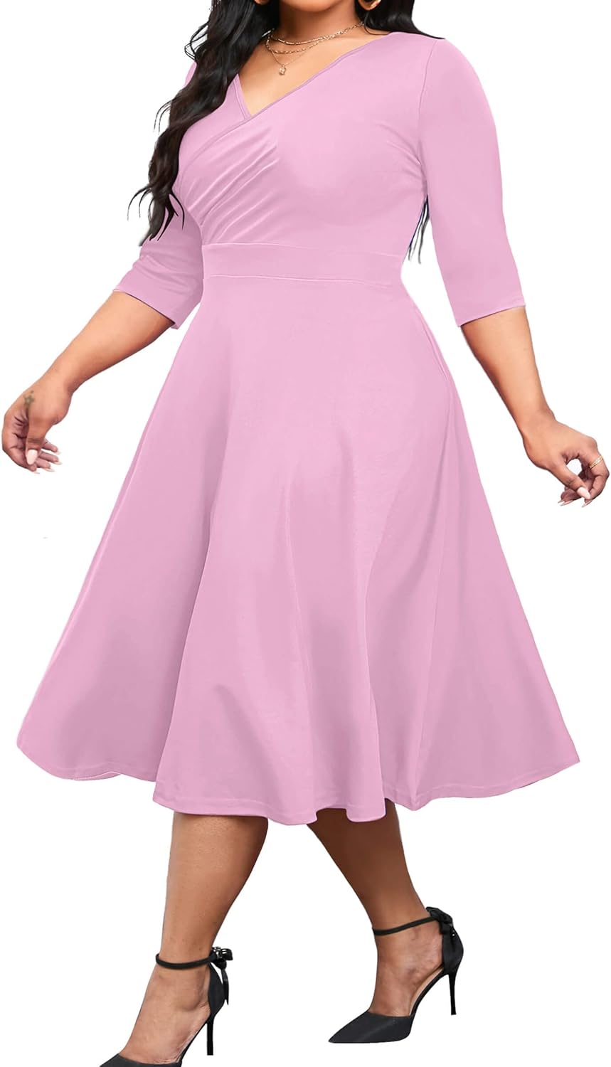 Vestido midi de talla grande para mujer de CLOCOR, vestido de corte A con mangas 3/4 y escote en V, vestidos casuales fluidos 