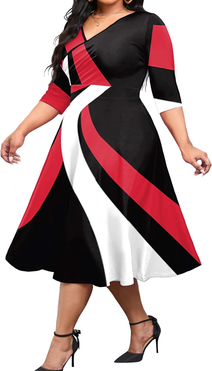 Vestido midi de talla grande para mujer de CLOCOR, vestido de corte A con mangas 3/4 y escote en V, vestidos casuales fluidos 