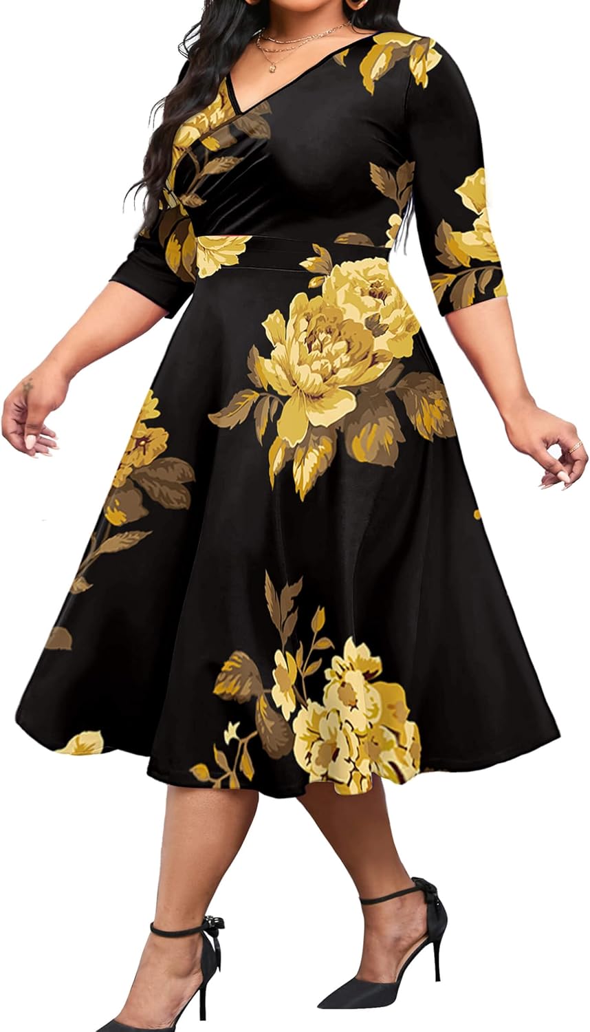 Vestido midi de talla grande para mujer de CLOCOR, vestido de corte A con mangas 3/4 y escote en V, vestidos casuales fluidos 