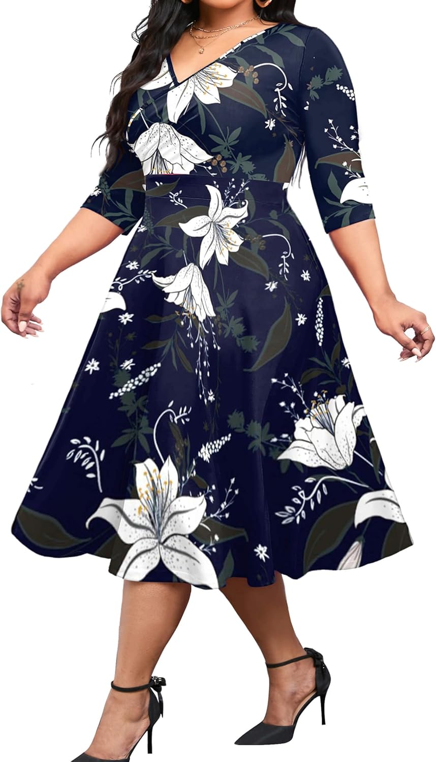 Vestido midi de talla grande para mujer de CLOCOR, vestido de corte A con mangas 3/4 y escote en V, vestidos casuales fluidos 