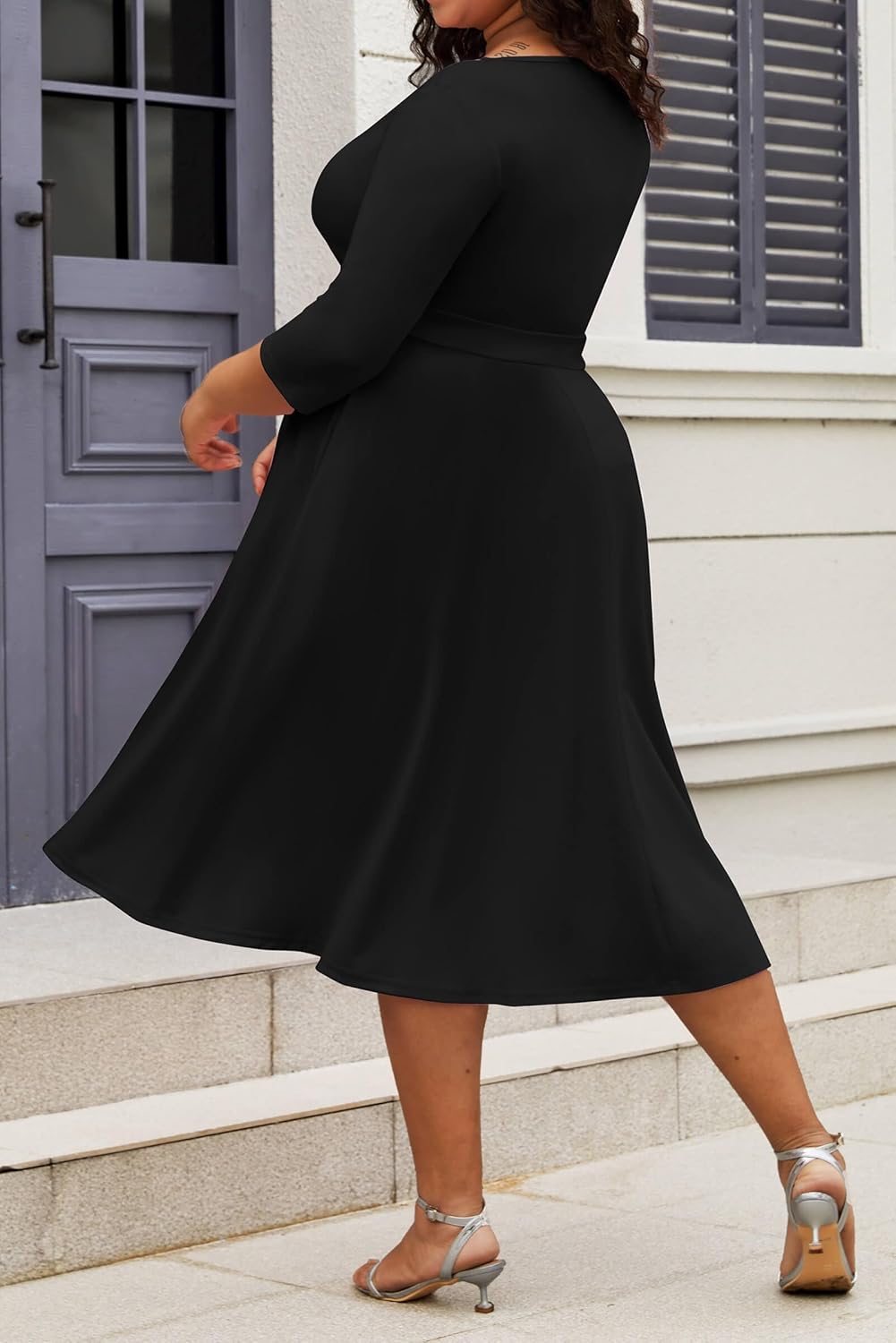 Vestido midi de talla grande para mujer de CLOCOR, vestido de corte A con mangas 3/4 y escote en V, vestidos casuales fluidos 