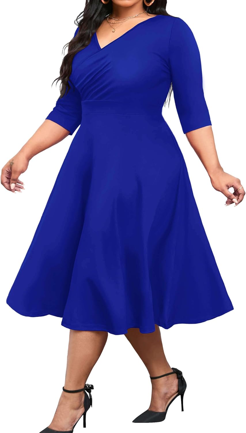 Vestido midi de talla grande para mujer de CLOCOR, vestido de corte A con mangas 3/4 y escote en V, vestidos casuales fluidos 