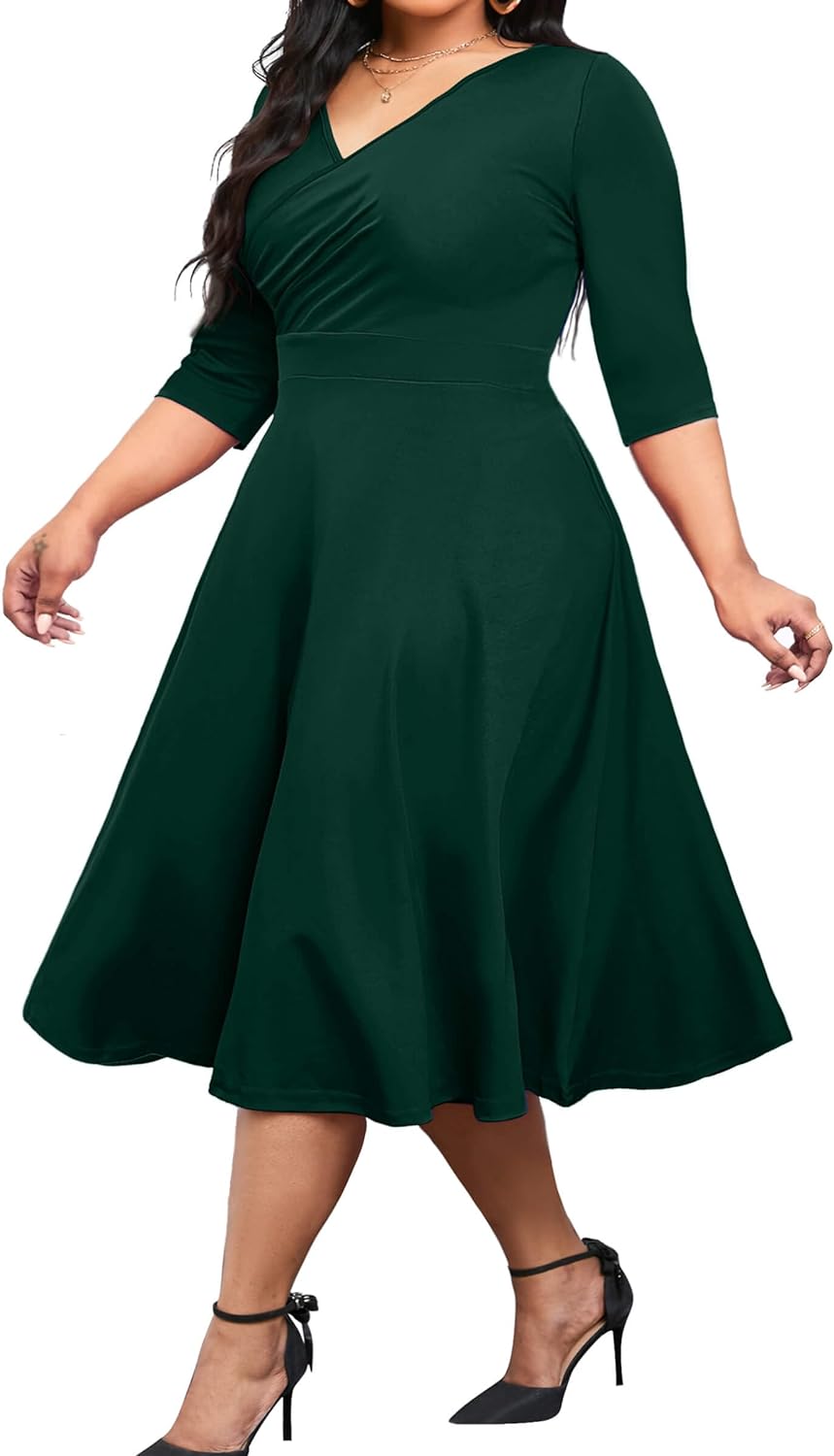 Vestido midi de talla grande para mujer de CLOCOR, vestido de corte A con mangas 3/4 y escote en V, vestidos casuales fluidos 
