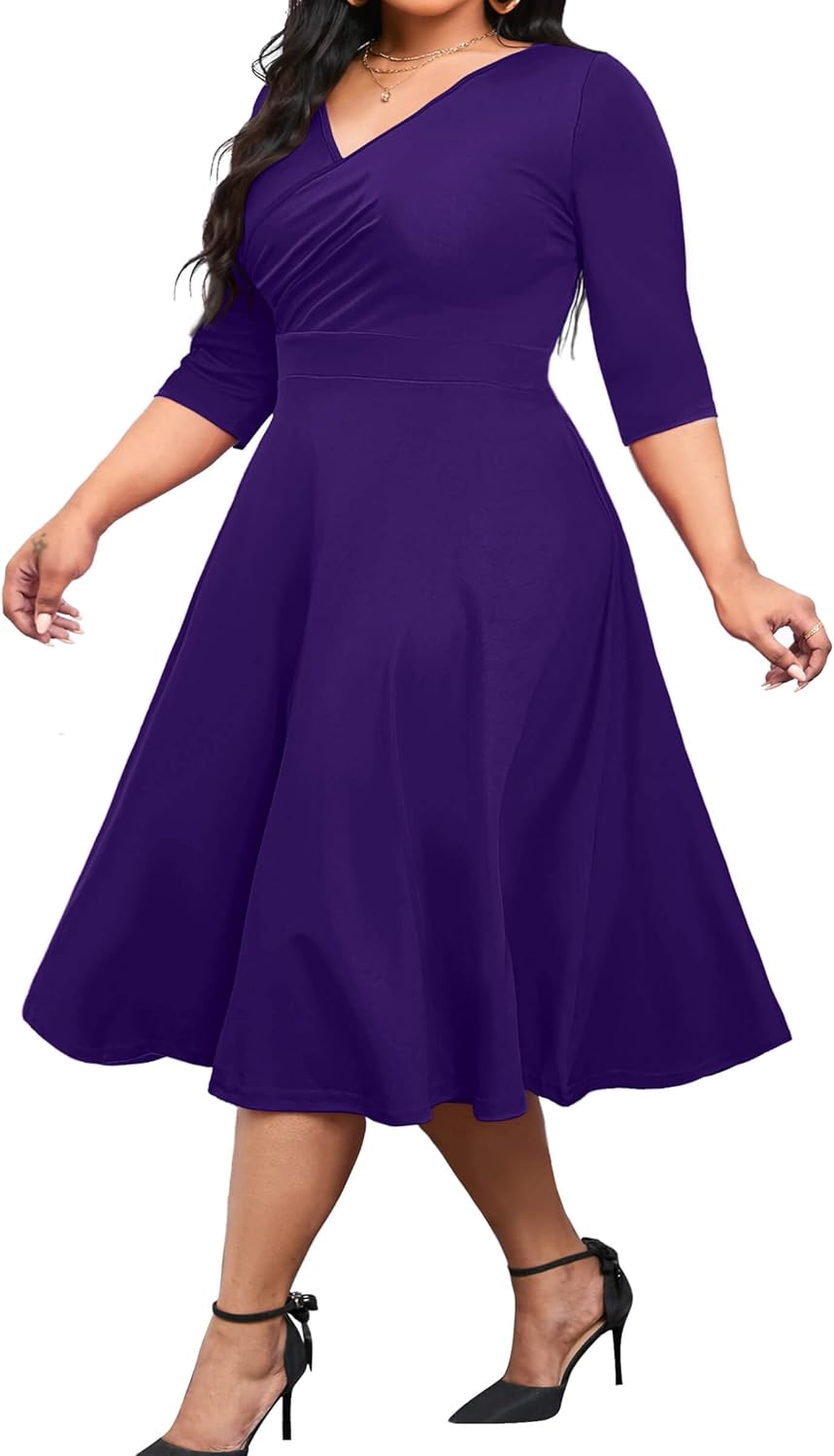 Vestido midi de talla grande para mujer de CLOCOR, vestido de corte A con mangas 3/4 y escote en V, vestidos casuales fluidos 