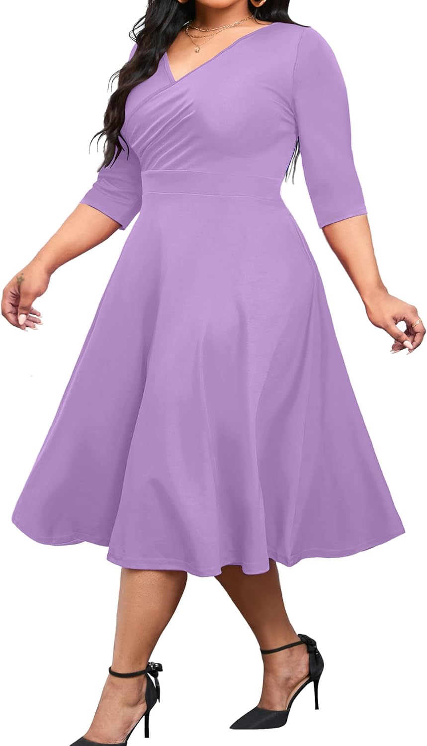Vestido midi de talla grande para mujer de CLOCOR, vestido de corte A con mangas 3/4 y escote en V, vestidos casuales fluidos 