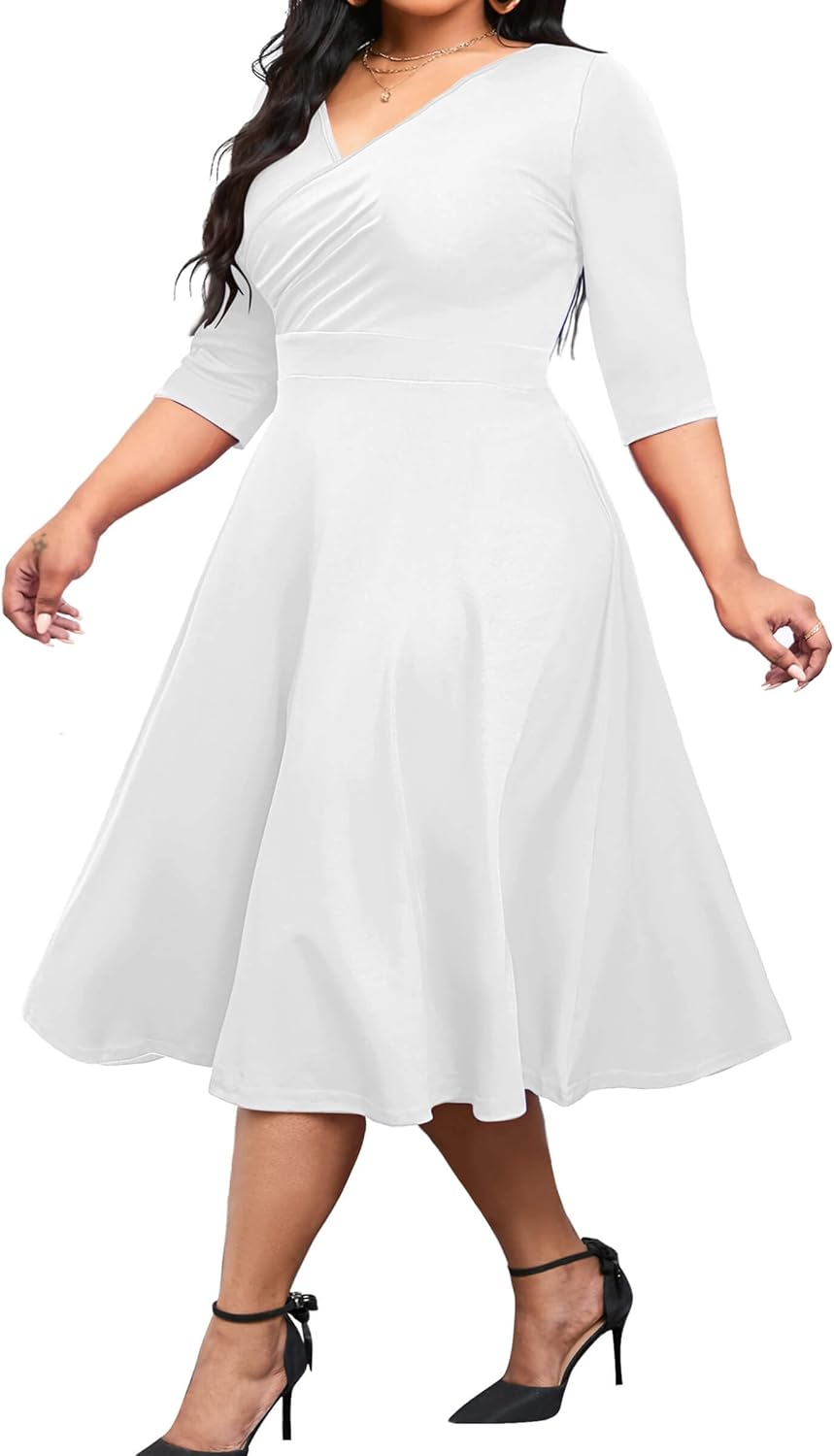 Vestido midi de talla grande para mujer de CLOCOR, vestido de corte A con mangas 3/4 y escote en V, vestidos casuales fluidos 