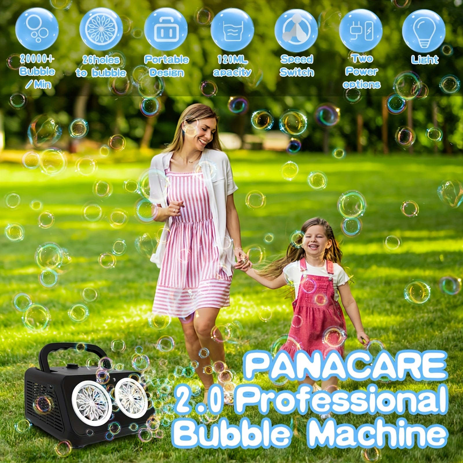 Automatic Bubble Blower Machine, Dual Fans, 20000+ Bubbles/Min, Kids Electric Bubble Maker, Plug-in/Battery, w/ 10X Concentrated Bubble Solution, Outdoor Toy