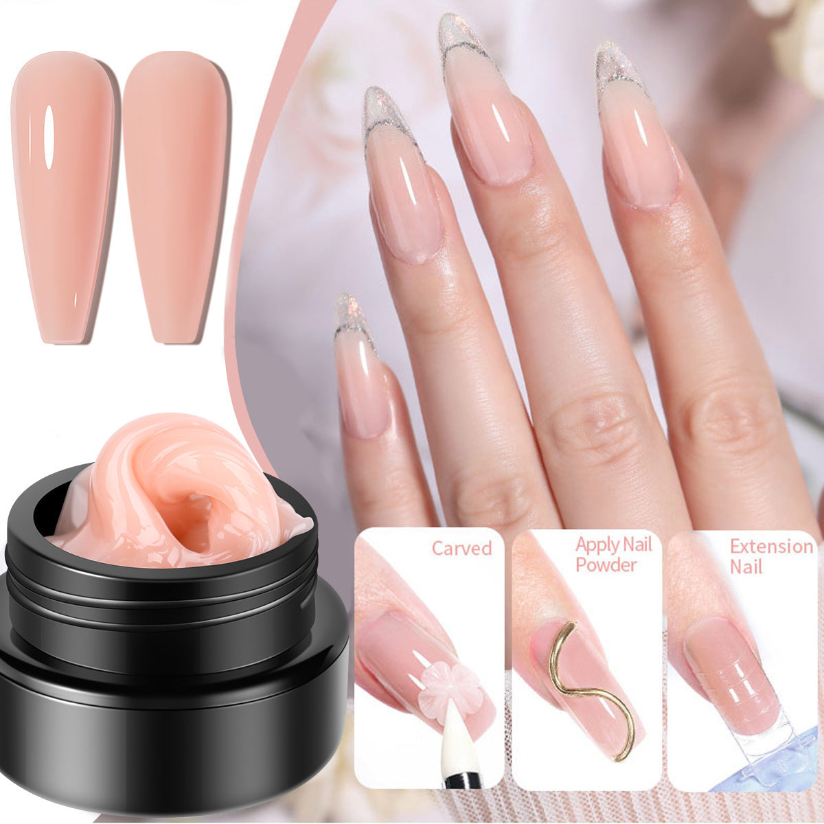3D Non-Sticky Nail Extension Gel – Nude & Gem-Sculpture Formula for Pattern Carving & Decoration Design