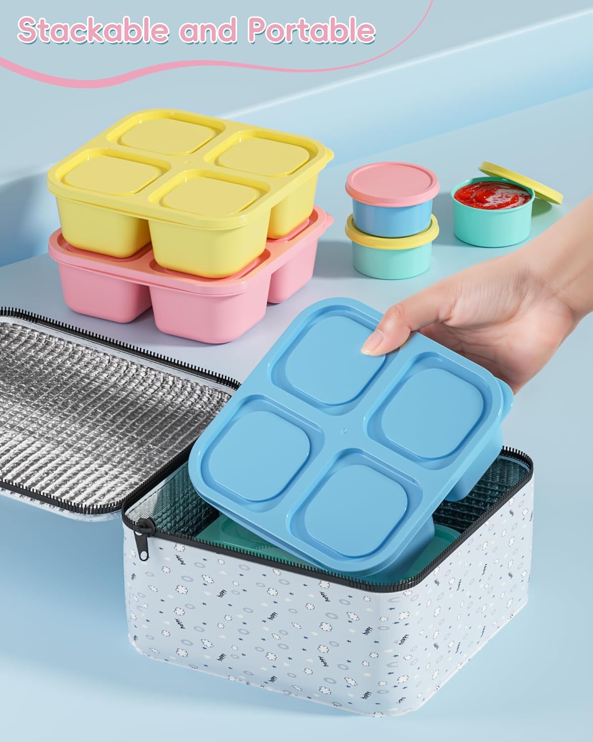 4-Piece Reusable Bento Box Set – 4 Compartment Lunch Container with 2 Sauce Dishes, Stackable BPA-Free for School, Work, Travel